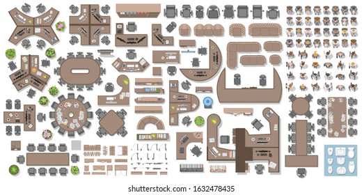 Vector set of office. People at work and office furniture. (top view) Desks, chairs, cabinets, sofas, computers, conference room, reception. Men and women in different poses. (view from above)