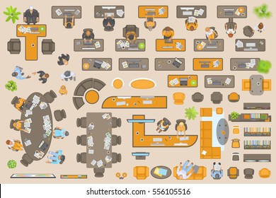 Vector set of office. People at work and office furniture. (top view) Desks, chairs, cabinets, sofas, computers, conference room, reception. Men and women in different poses. (view from above) 