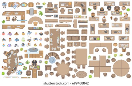 Vector set of office. People at work and office furniture. (top view) Desks, chairs, cabinets, sofas, computers, conference room, reception. Men and women in different poses. (view from above)