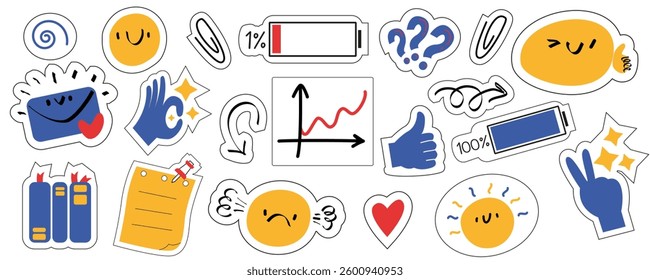 Vector set of office supplies concept isolated elements set. Business workspace accessories flat vector illustration. School and education doodles hand drawn vector symbols and objects.