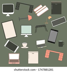 Vector set of office supplies. Illustration of seamless office tools.