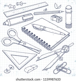 Vector set office supplies, stationery for school and student