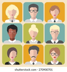 Vector set of office team images in trendy flat style. Collection of different businessman app icons.