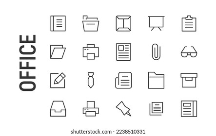 Vector set of office thin line icons. Design of 20 stroke pictograms. Signs of office isolated on a white background.
