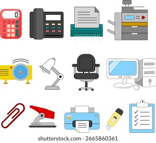 Vektorgrafik der Bürowerkzeuge: Taschenrechner, Telefon, Shredder, Kopierer, Projektor, Lampe, Stuhl, Computer, Büroklammer, Hefter, Drucker, Cutter, Zwischenablage. Perfekt für Business und Bildung.