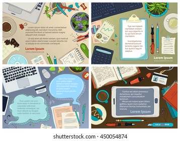 Vector set of office workplace backgrounds. Gadgets, documents and office stationery supplies, laptop. Top view. Doodles design elements for work and education. There is copyspace for your text.