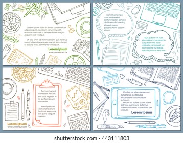 Vector set of office workplace / education backgrounds. Colourful contours of gadgets, documents and office stationery supplies, laptop. Top view. Doodles design elements for work and education.