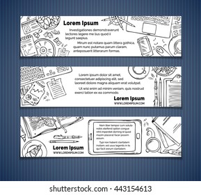 Vector set of office workplace horizontal banners. Hand-drawn contours of gadgets, documents and office stationery supplies, laptop, PC. Top view. Doodles design elements for work and education.