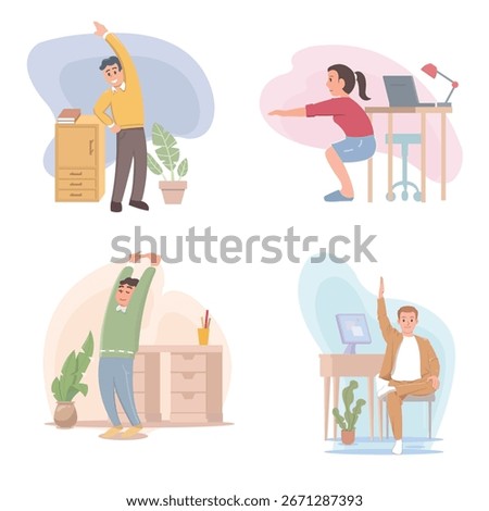 Vector set of office yoga poses and workplace exercises by business people. Perfect for health, wellness, and corporate lifestyle concepts.
