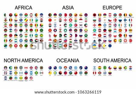 Vector set official national flags of the world. Country round shape flags collection with detailed emblems.
