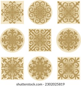 Vector set ofgolden signs Kazakh national ornament. Ethnic pattern of the peoples of the Great Steppe, Mongols, Kyrgyz, Kalmyks, 
Buryats. circle, frame border.