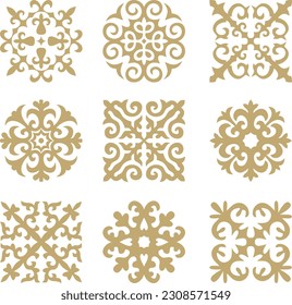 Vector set ofgolden signs Kazakh national ornament. Ethnic pattern of the peoples of the Great Steppe, Mongols, Kyrgyz, Kalmyks, 
Buryats. circle, frame border.