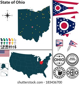 Vector set of Ohio state with flag and icons on white background