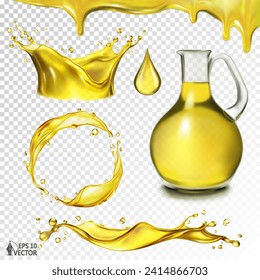 Vector set of oil or fuel splashes. 3D realistic food illustration. Transparent splashes of different shapes, oil in a jug isolated on a white background. Advertising and packaging design element