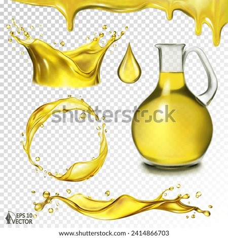 Vector set of oil or fuel splashes. 3D realistic food illustration. Transparent splashes of different shapes, oil in a jug isolated on a white background. Advertising and packaging design element