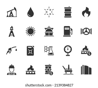 Vector set of oil and gas flat icons. Contains icons oil well, gas station, gasoline, tanker, burner, fuel, canister, petroleum and more. Pixel perfect.