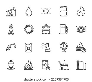 Vector set of oil and gas line icons. Contains icons oil well, gas station, gasoline, tanker, burner, fuel, canister, petroleum and more. Pixel perfect.