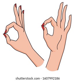 Vector set of ok gesture. Isolated delicate woman hands with red nails. 