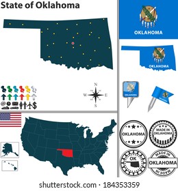 Vector set of Oklahoma state with flag and icons on white background