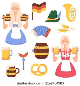 Vector set of Oktoberfest elements: german beer, pretzel, sausage. Collection for folk festival in Germany. Munich symbols. Oktoberfest girls in Bavarian dirndl.