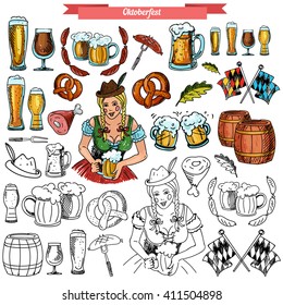 Vector set for Oktoberfest  in hand-drawn style. Woman with beer, appetizers, leaves and pretzels, barrel.