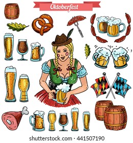 Vector set for Oktoberfest  in hand-drawn style. Woman with beer, appetizers, leaves and pretzels, barrel.