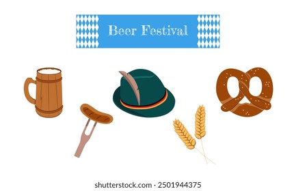 Vector set for Oktoberfest. Hat, wooden glass, beer, sausage. Beer festival