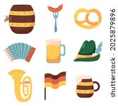 Vector set of Oktoberfest icons: german beer, pretzel, sausage. Collection for folk festival in Germany. Munich symbols. Food and drinks.
