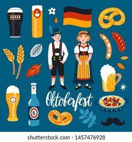 Vector set of Oktoberfest icons: german beer, pretzel, sausage, man and woman in traditional bavarian costumes. Cute sticker collection for folk festival in Germany. Munich symbols. Food and drinks.