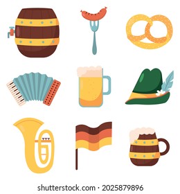 Vector set of Oktoberfest icons: german beer, pretzel, sausage. Collection for folk festival in Germany. Munich symbols. Food and drinks.