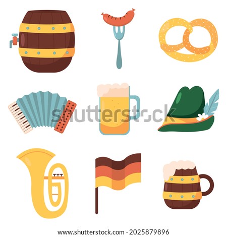 Vector set of Oktoberfest icons: german beer, pretzel, sausage. Collection for folk festival in Germany. Munich symbols. Food and drinks.