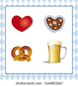 Vector set of oktoberfest illustrations. Beer, gingerbread, breze, heart. Good for decoration an invitation or greeting card.