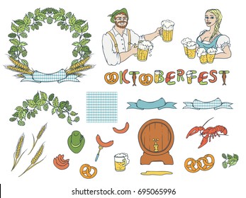Vector set Oktoberfest. Isolated sketch illustration of man and woman in national costumes with mugs beer, sausage, pretzels, wreath frame from hops and ear of wheat. Seamless pattern of rhombuses.