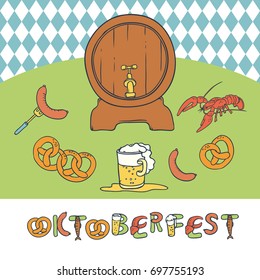 Vector set Oktoberfest. Isolated sketch illustration a mug and a keg of beer, appetizer sausage and pretzels. Seamless pattern of rhombuses in the background