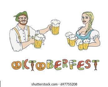 Vector set Oktoberfest. Isolated sketch illustration of man waiter and woman waitress in national costumes with mugs beer. Lettering inscription of sausage, pretzels and fish. Symbols of the holiday