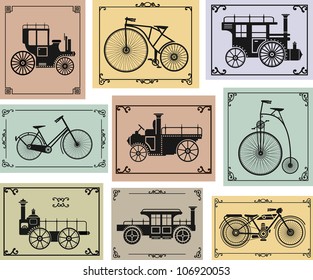 Vector set of old bikes and cars on a colorful background