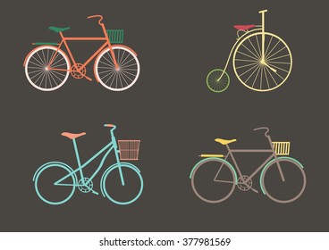  Vector set of old bikes on a gray background
