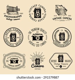 Vector set of  old cameras logos. Vintage photo studio, salon signs, labels or badges.