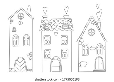 Vector set of a old cartoon house. Line art home isolated on white background 