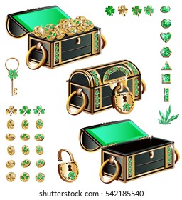 Vector set of old chests with leprechaun's sacraments and clover leaves, key, lock, jewelry and coins to decorate a game, advertising or website. The chest is open with jewels, locked and open empty.