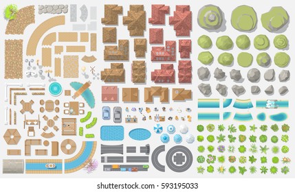 Vector set. Old city. (Top view) Vintage cityscape. (View from above)
Collection for landscape design, plan, maps. 