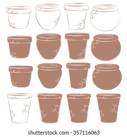 Vector set of old clay pots for flowers. Isolated objects