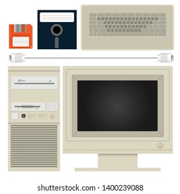 Vector set of old computer PC, monitor,  floppy disks.