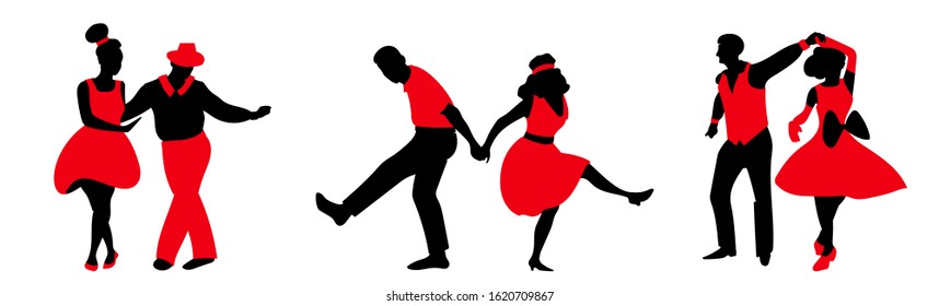 Vector set of old fashioned retro couples of youg people dancing rock n roll and lindy hop swing dance. 
