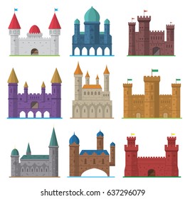 Vector set of old flat medieval castles and fortresses