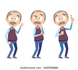 Vector set of old man character greets , thinks and finds a solution. Grandfather cartoon vector character in different poses with different emotions