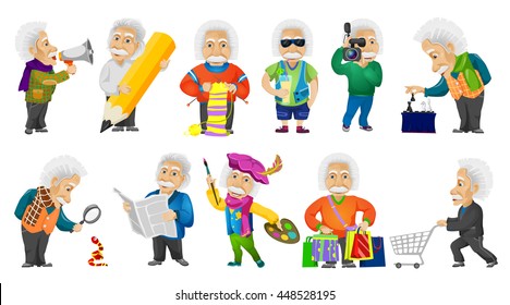 Vector set of old man shouting in megaphone, using magnifier, knitting a scarf, drinking cocktail, playing chess, doing shopping, reading newspaper. Vector illustration isolated on white background.