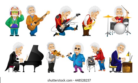 Vector set of old man singing, listening to music, playing guitar, saxophone, drum, piano, violin, mixing music on turntables, working on laptop. Vector illustration isolated on white background.