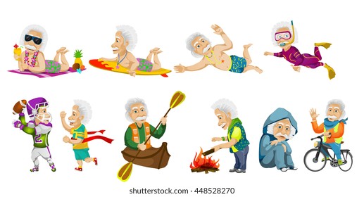 Vector set of old man surfing, swimming, snorkeling, riding bicycle, riding canoe, crossing finish line, relaxing, playing rugby, kindling campfire. Vector illustration isolated on white background.