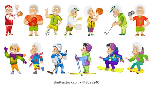 Vector Set Of Old Man Wearing Sport Uniform And Using Sports Equipment. Old Man Is Playing Football, Hockey, Baseball, Basketball, Tennis, Golf. Vector Illustration Isolated On White Background.